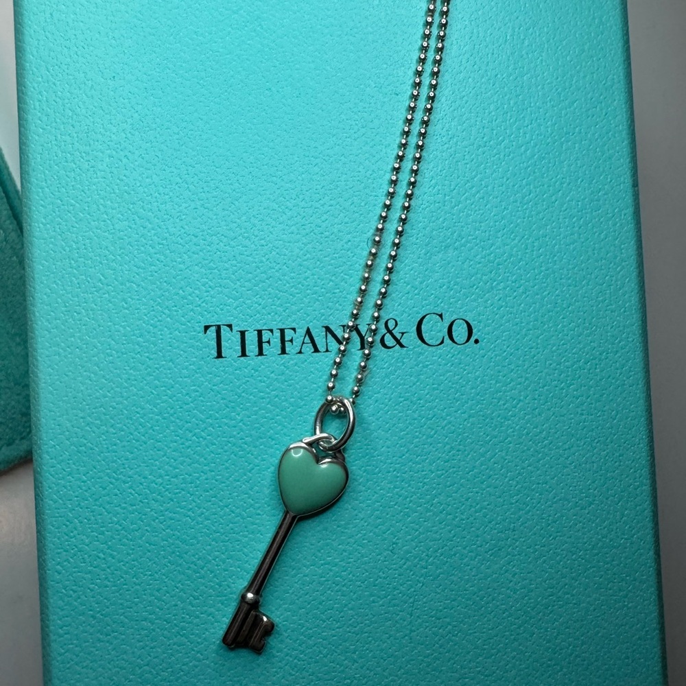 Tiffany & Co Sterling Silver 925 Blue Enamel Heart Key Pendant Charm Necklace